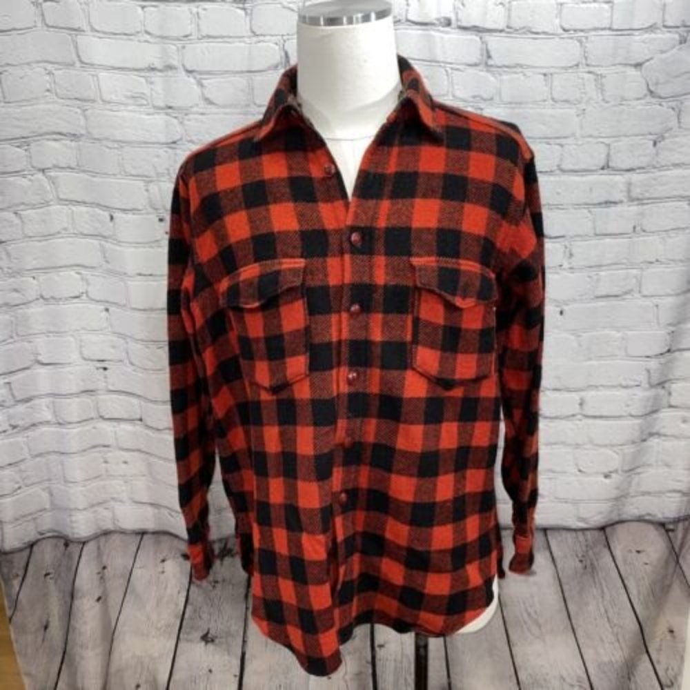 Woolrich Vintage 40s 50s Button Down Plaid Shirt Red Work Thick Wool Twill Large